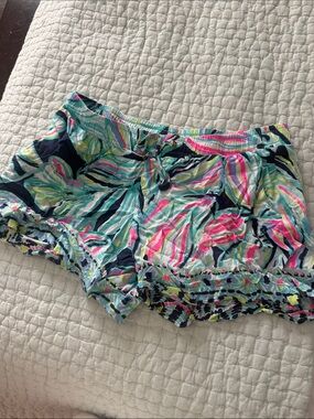 Lilly Pulitzer Floral Wave High-Waist Drawstring Shorts — Navy, Pink, Aqua